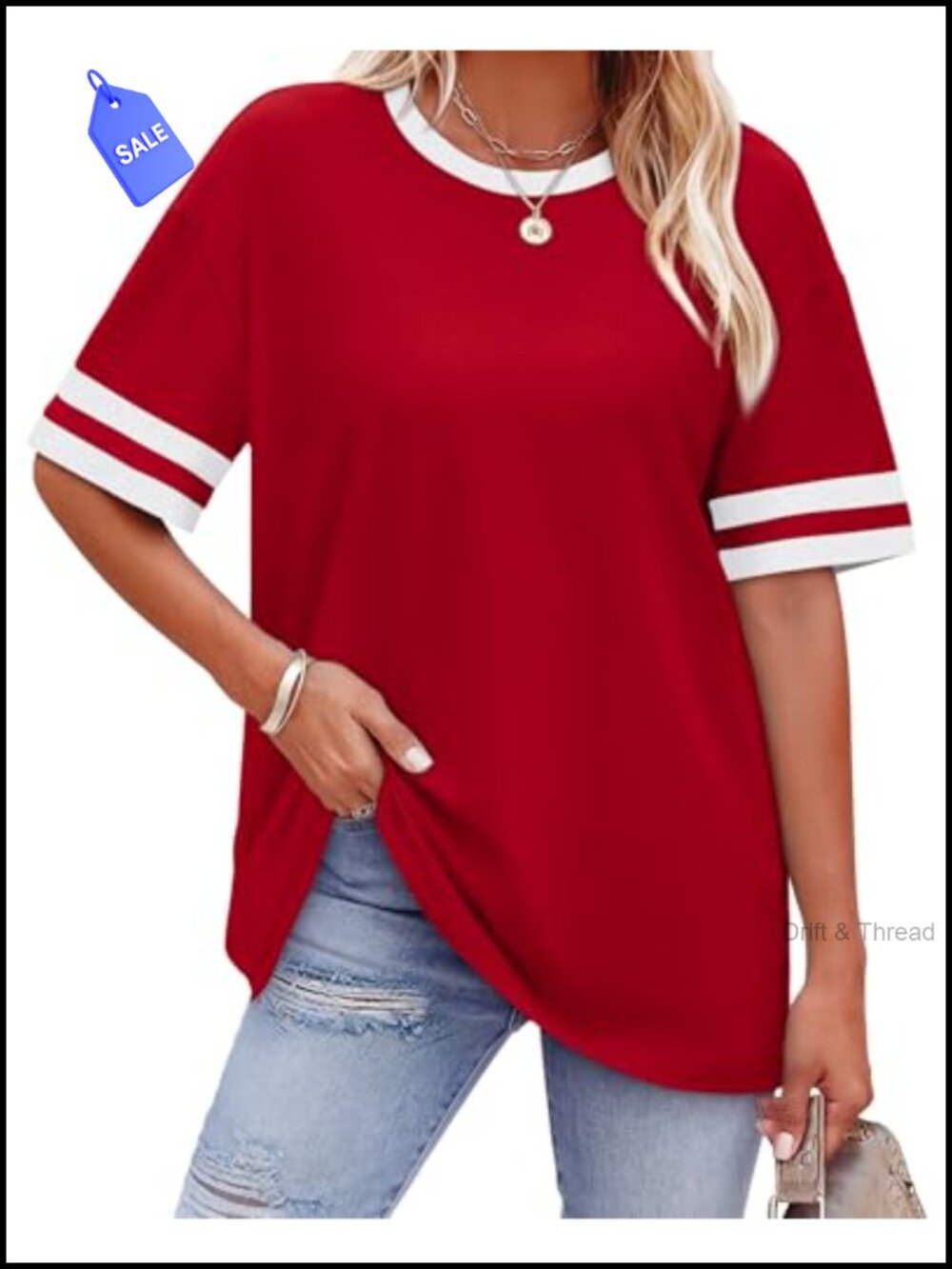 Womens Loose Fit Short Sleeve T-Shirt Crew Neck Color Block Summer Top